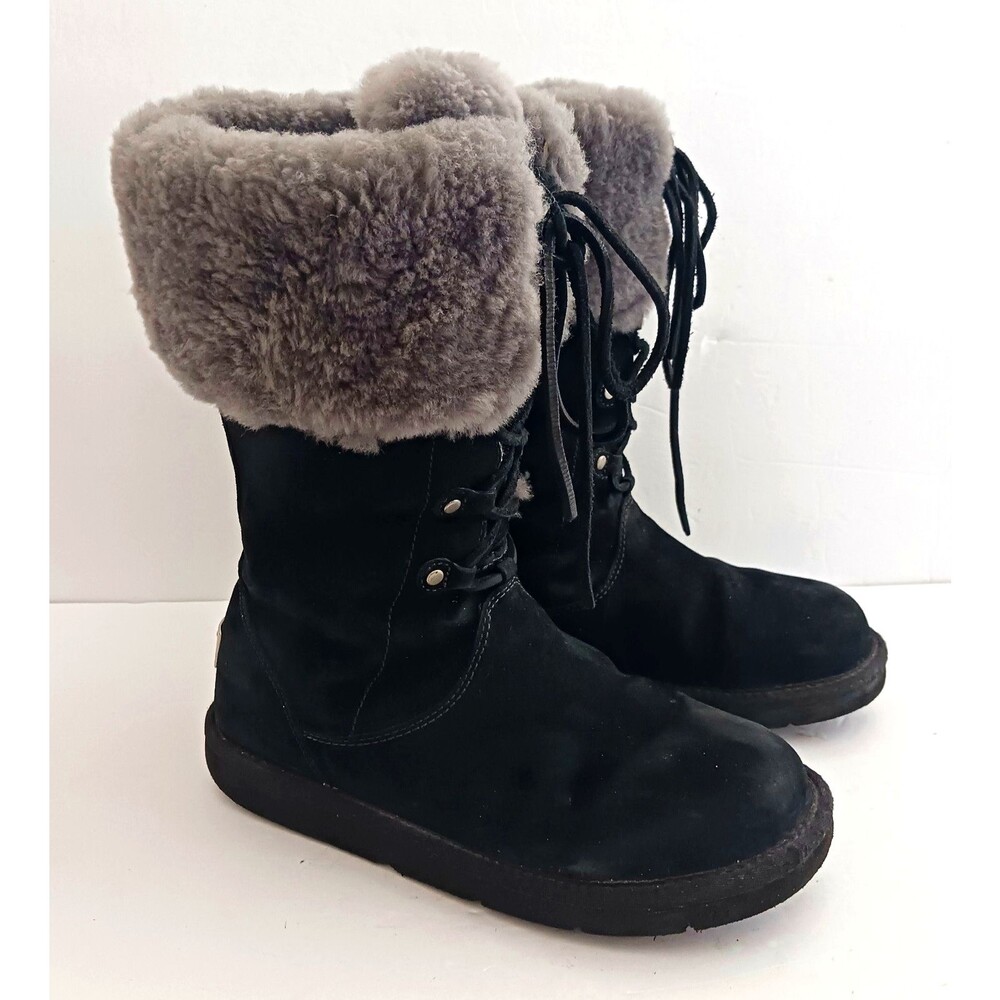 UGG Montclair 1892 Blk Suede Leather Lace Up Boot Gray Shearling Cuff US 7